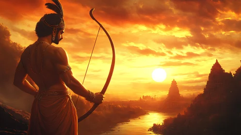 Warrior archer silhouette against radiant temple sunset.