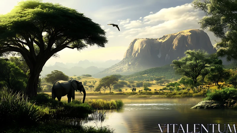 Elephant drinks beside river under acacia in sunlit savanna