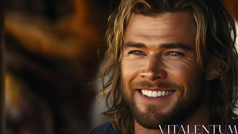 Photorealistic close-up male portrait with warm bokeh background.