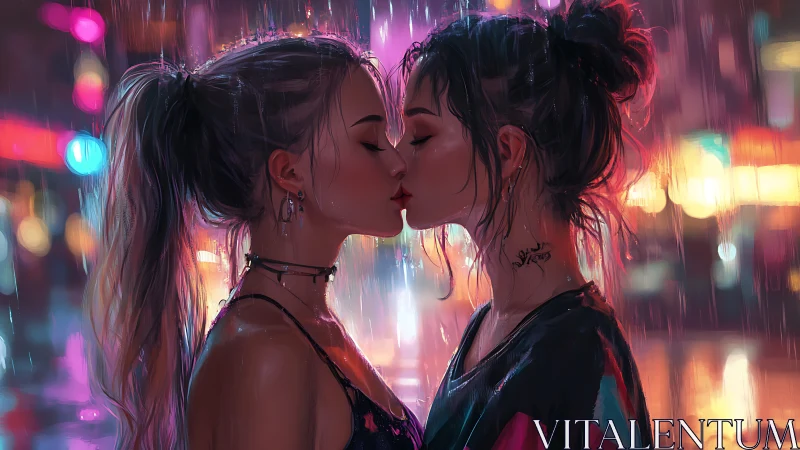 Neon-Lit Urban Romance: Two Figures Kiss in Rain.