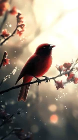 Crimson songbird on frosted branch in shallow backlit bokeh