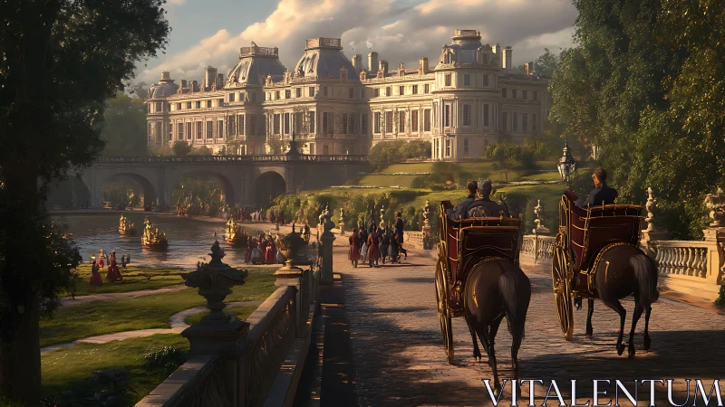 Grand riverside palace with carriages at golden hour.