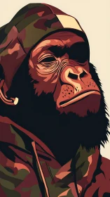Camo philosopher chimp in hoodie plotting quiet rebellion.