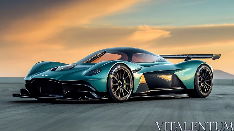 Teal hypercar under golden sunset with sculpted aero profile.