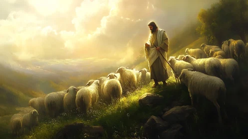 Shepherd guides hillside flock through golden evening light