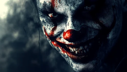 Sinister clown portrait bathed in cold, cinematic shadows.