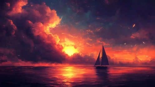 Sailboat silhouette under vivid red and orange sunset sky.