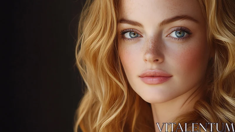 Golden-haired portrait with soft freckled complexion and gaze.