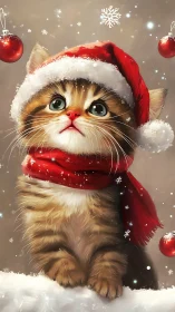 Digital illustration of kitten in Santa hat and scarf. Period.