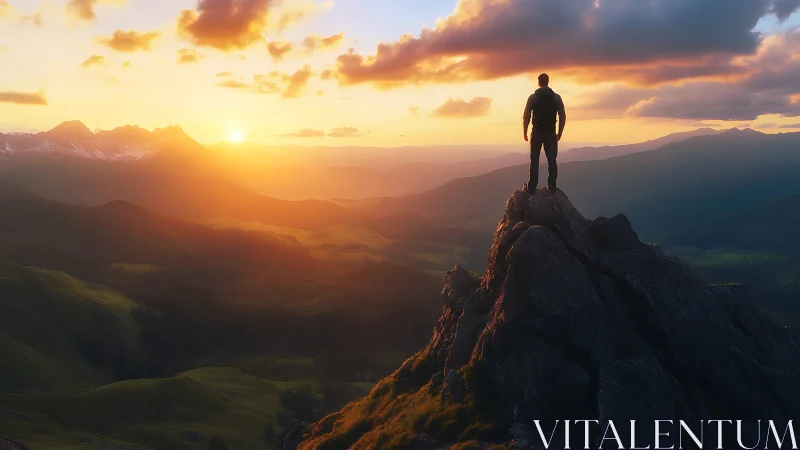 Solitary hiker overlooks glowing mountain valley sunrise.