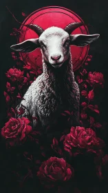 Gentle horned lamb crowned by glowing crimson moon and roses.