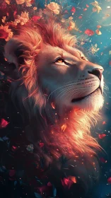 Side profile shows detailed lion head amid floating petals