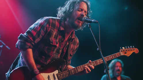 Plaid-shirt guitarist pouring thunder into a live mic night.
