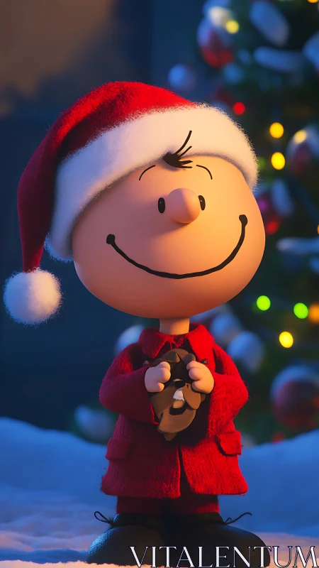 Smiling boy in Santa hat under glowing Christmas tree.