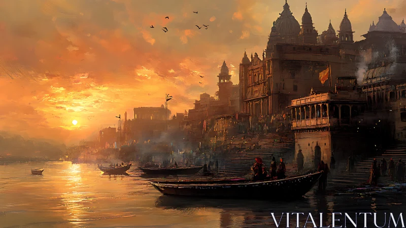 Sunlit riverfront temples glow over crowded stone ghats.