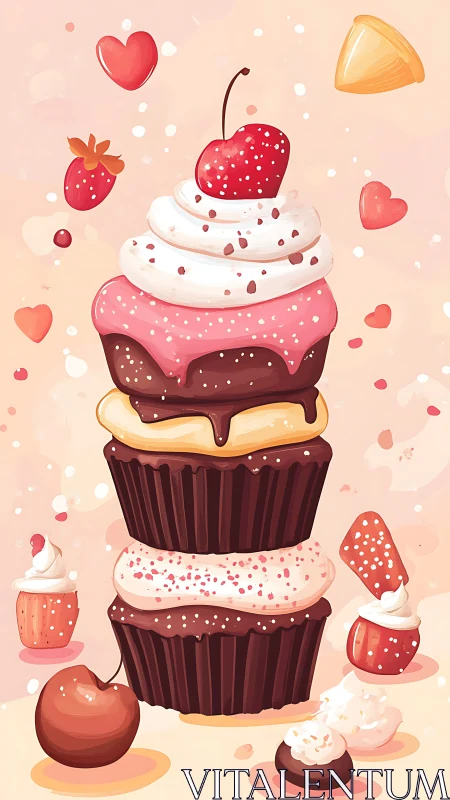 Stacked Strawberry Cupcakes with Whipped Cream and Fresh Berries