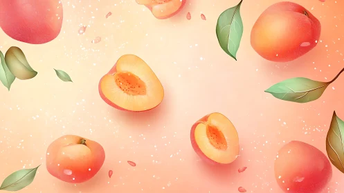 Floating whole and halved peaches with green leaves on peachy