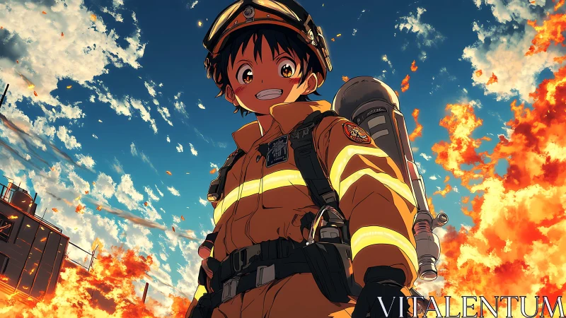 Brave young firefighter smiling bright against blazing sky.