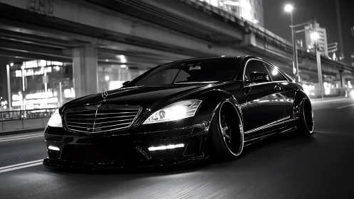 Sleek black Mercedes glides through illuminated city streets.