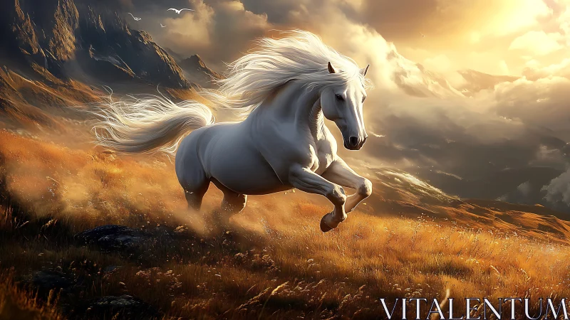 Digital painting of white stallion in luminous alpine valley.