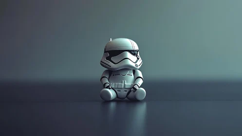 Minimalist 3D render of stylized stormtrooper figurine seated