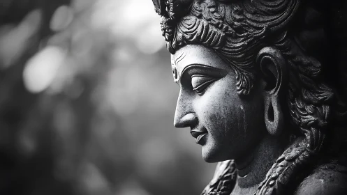 Stone deity profile in dramatic monochrome meditation.