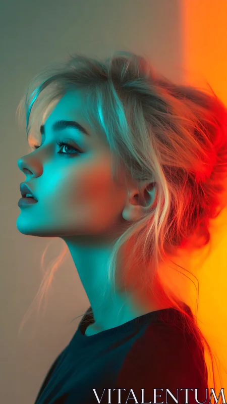 Neon rim-lit female profile with teal and orange key lighting