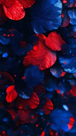 Crimson and cobalt petals drift in an abstract neon glow