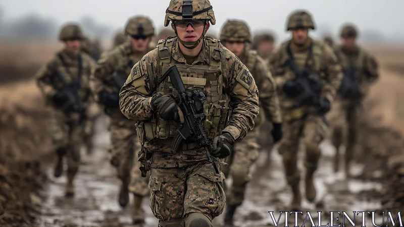 Soldiers in camouflage advance along muddy rural training route