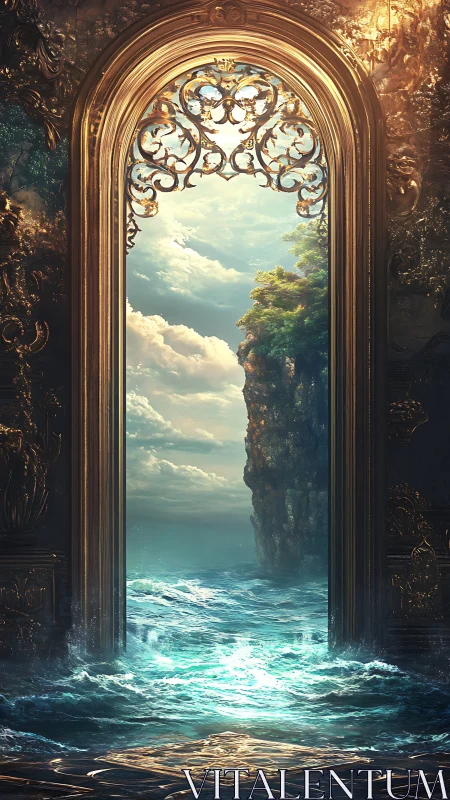 Ornate ocean gateway opening onto luminous coastal sky.