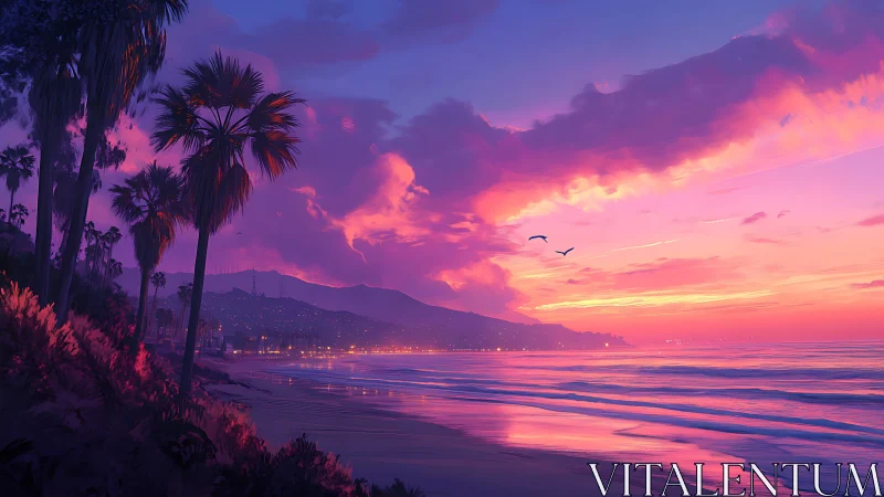 Vibrant coastal sunset rendered in cinematic digital painting