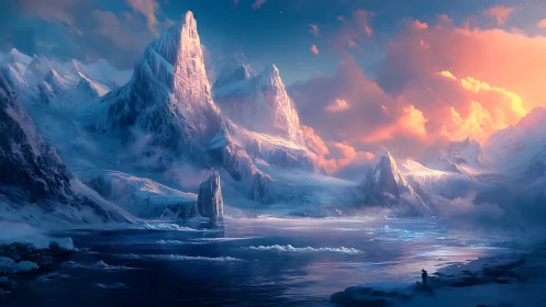 Glacial titans glow while a lone wanderer measures their hush