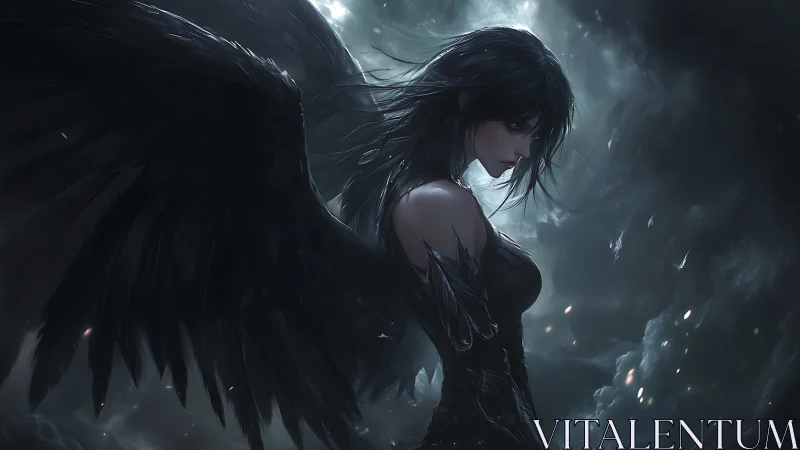 Dark angel figure with black wings in stormy night sky.