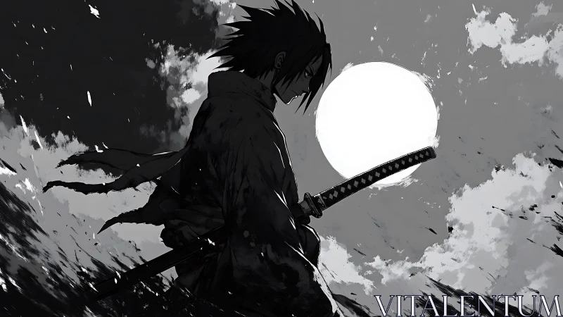 Lone swordsman silhouette holds katana under stark full moon