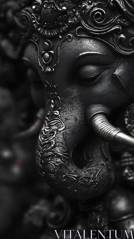 Dark metallic Ganesha sculpture shows intricate embossed ornament