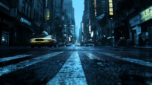 Rain-soaked city street glows as a lone yellow cab waits.
