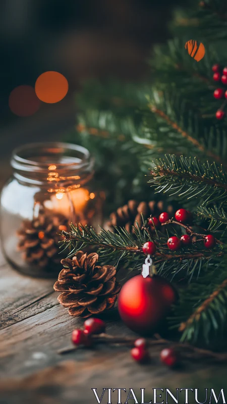 Warm candlelight glows beside rustic Christmas pine decor