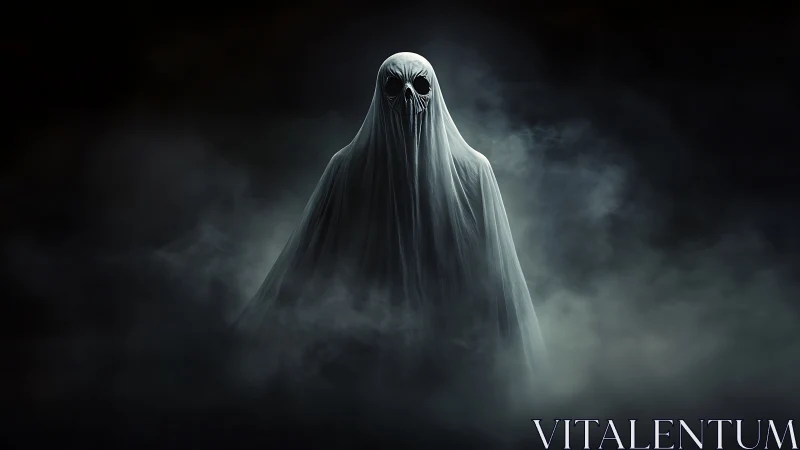 Ghostly hooded specter emerges from dense swirling mist.