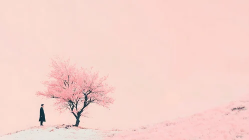 Solitary dreamer beneath a blush-tinted sakura hillside.