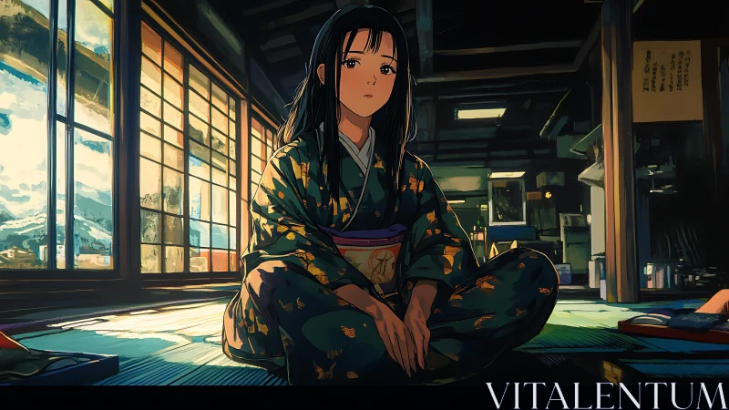 Kimono quietude in sunlit tatami room of drifting memories.