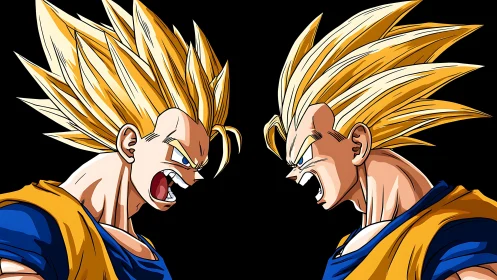 Superpowered warriors locked in mirrored anime standoff.