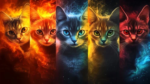 Five Cats with Elemental Energy Backgrounds.