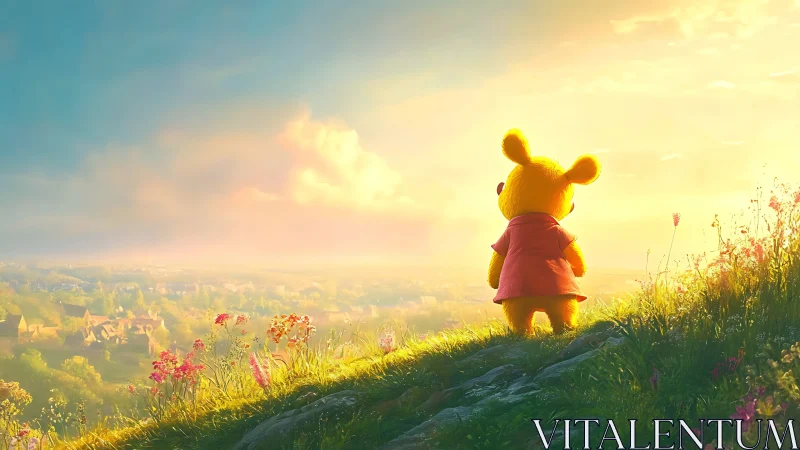 Yellow bear-like character observes village at bright sunset