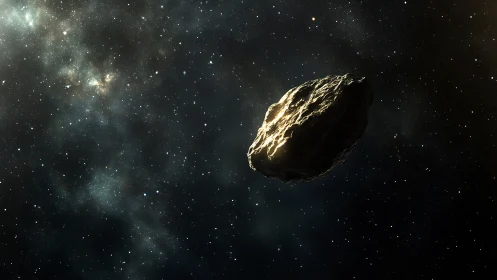 Illuminated carbonaceous asteroid drifting through dense starfield.