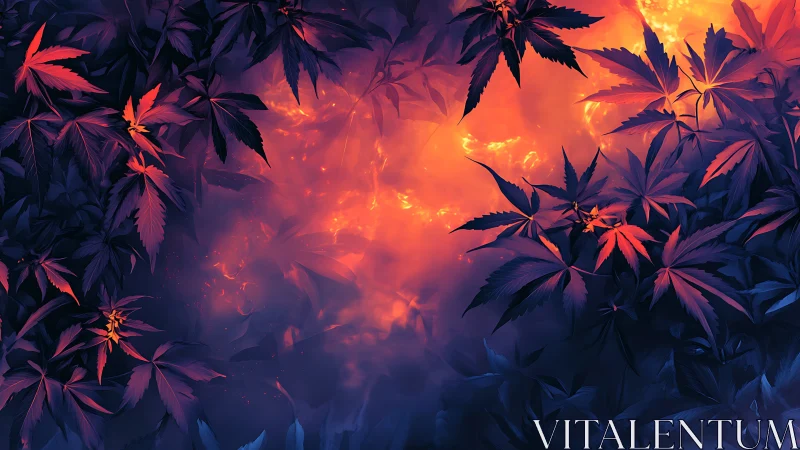 Glowing twilight leaves framing a dreamlike forest firelight.