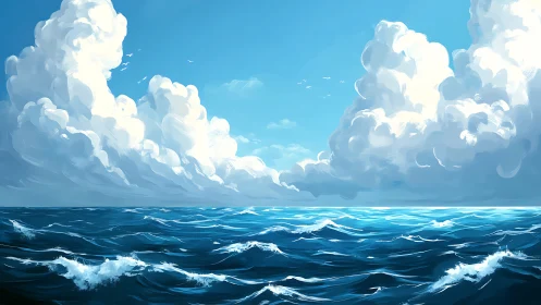 Digital seascape shows rolling waves under towering clouds