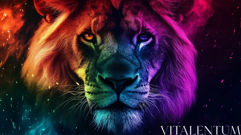 Neon storm lion crowned in electric twilight blaze.