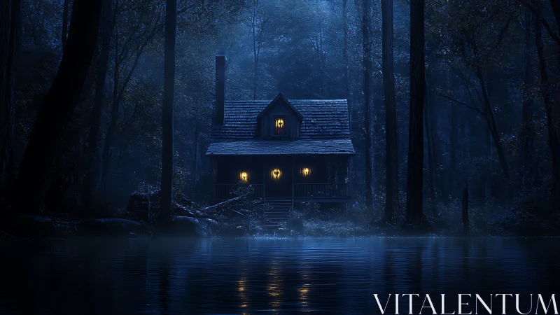 Isolated lakeside cabin at night in dense quiet forest.