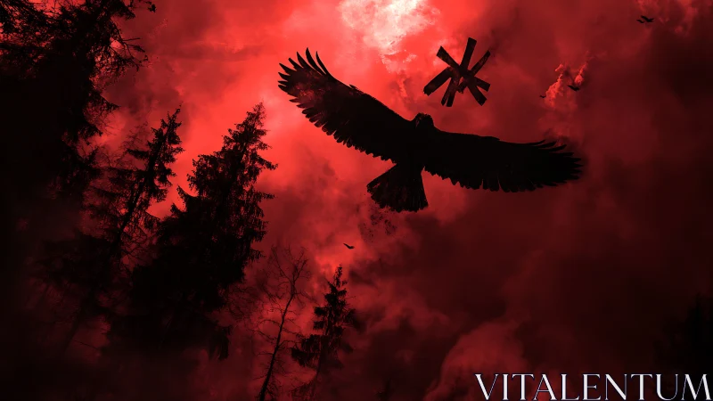 Raven silhouette soars across a blood-red storm sky.
