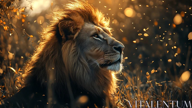 Lion in warm golden backlight amid floating foliage.